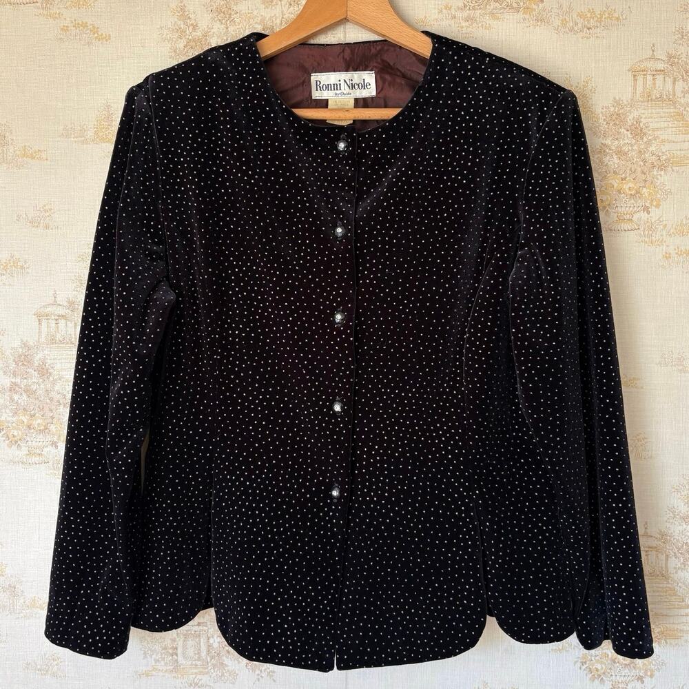 Vintage 90s Ronni Nicole Black Velvet Jacket Womens L Sparkle Starry Whimsigoth